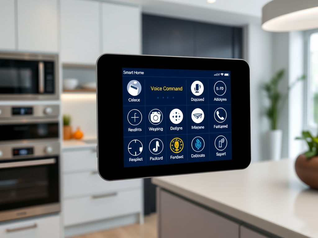 На изображении умный домашний экран с голосовыми командами и различными функциями. Стильная кухня на фоне.