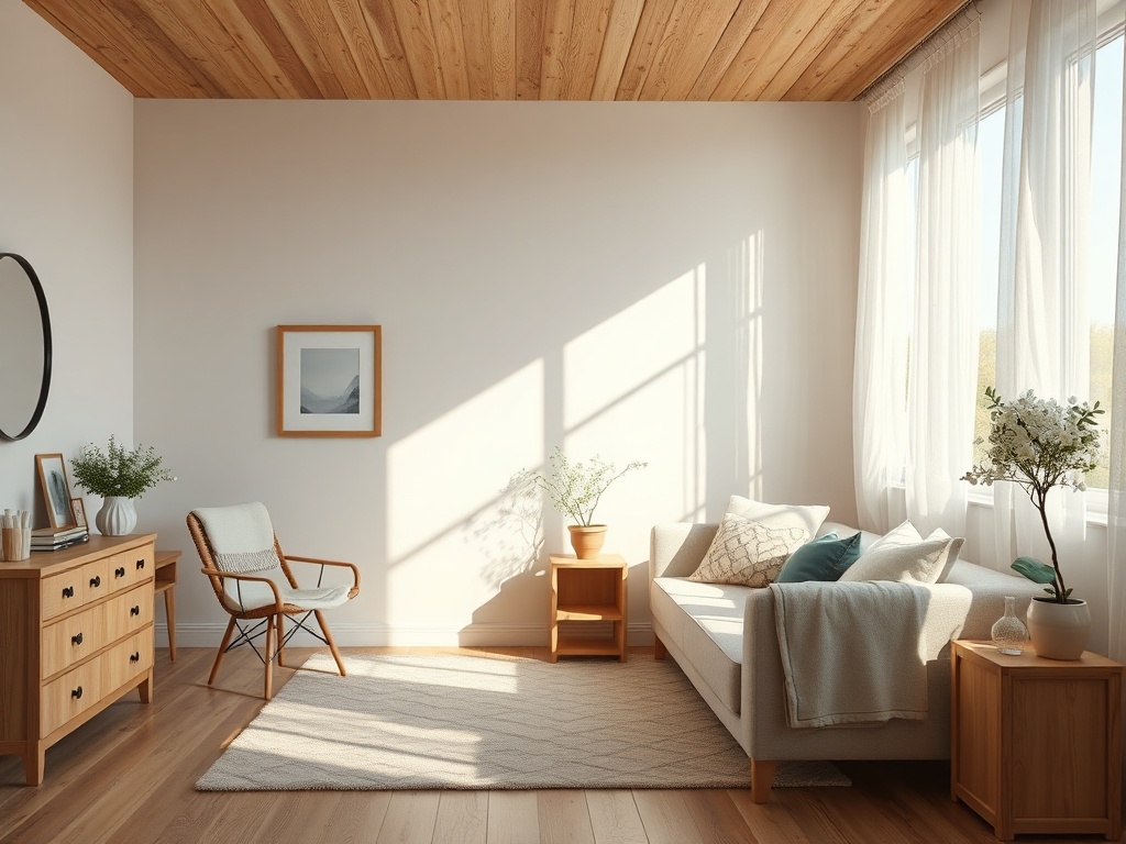 Светлая комната с деревянным потолком, диваном, столиками и зелеными растениями на фоне больших окон.