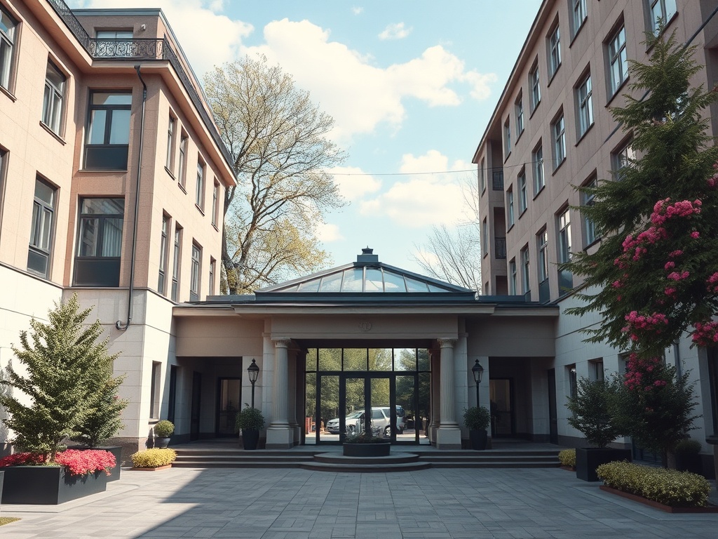 Современное здание с входом и зелеными растениями на фоне ясного неба и облаков.