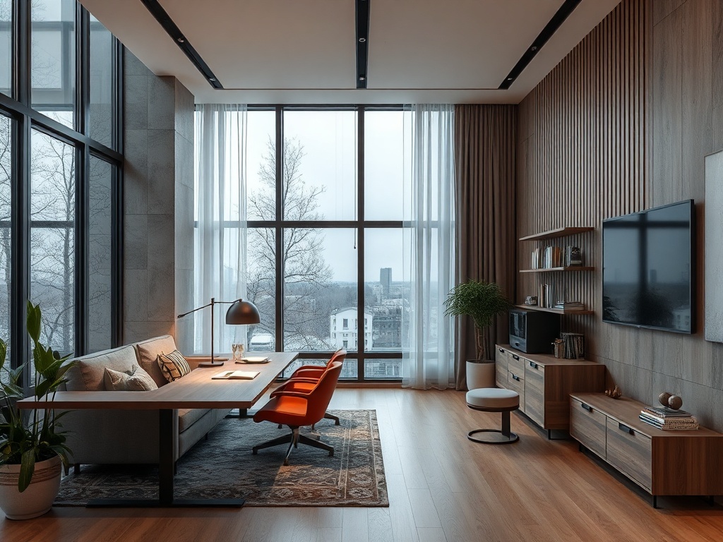 Современный интерьер с большими окнами, удобной мебелью и стильным освещением в уютной комнате.