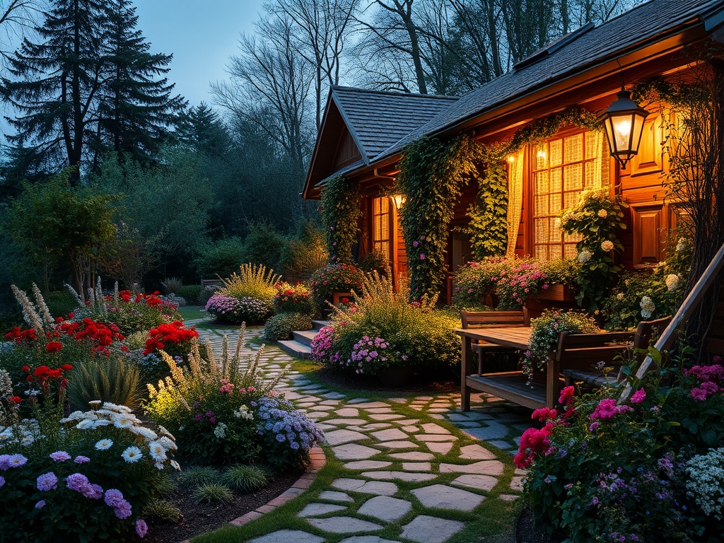 Очаровательный сад с цветами у деревянного дома, освещённого уютным светом фонаря в вечерний час.
