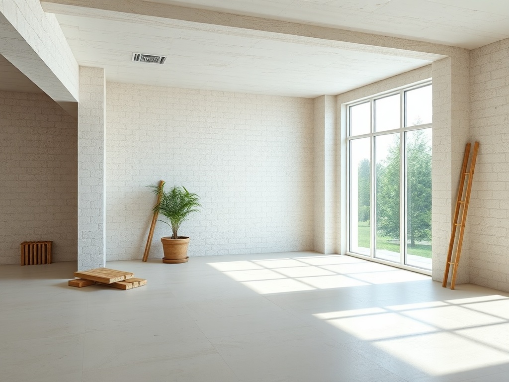 Светлое пространство с большими окнами, растением в горшке и деревянной лестницей. Minimalistic and calm atmosphere.