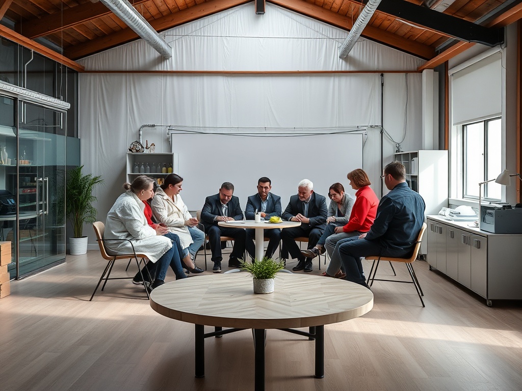 Группа людей на встрече в офисе, обсуждающих идеи за круглым столом в светлом помещении.