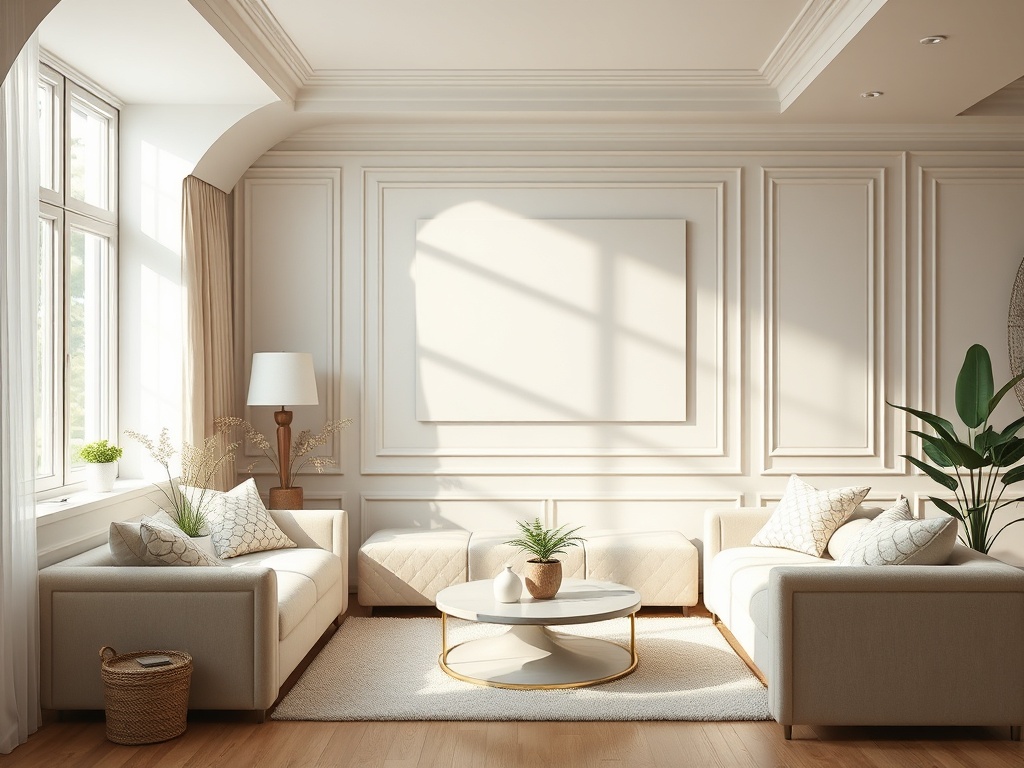 Современная гостиная с двумя диванами, круглым столиком и растениями у окна. Светлое, уютное пространство.