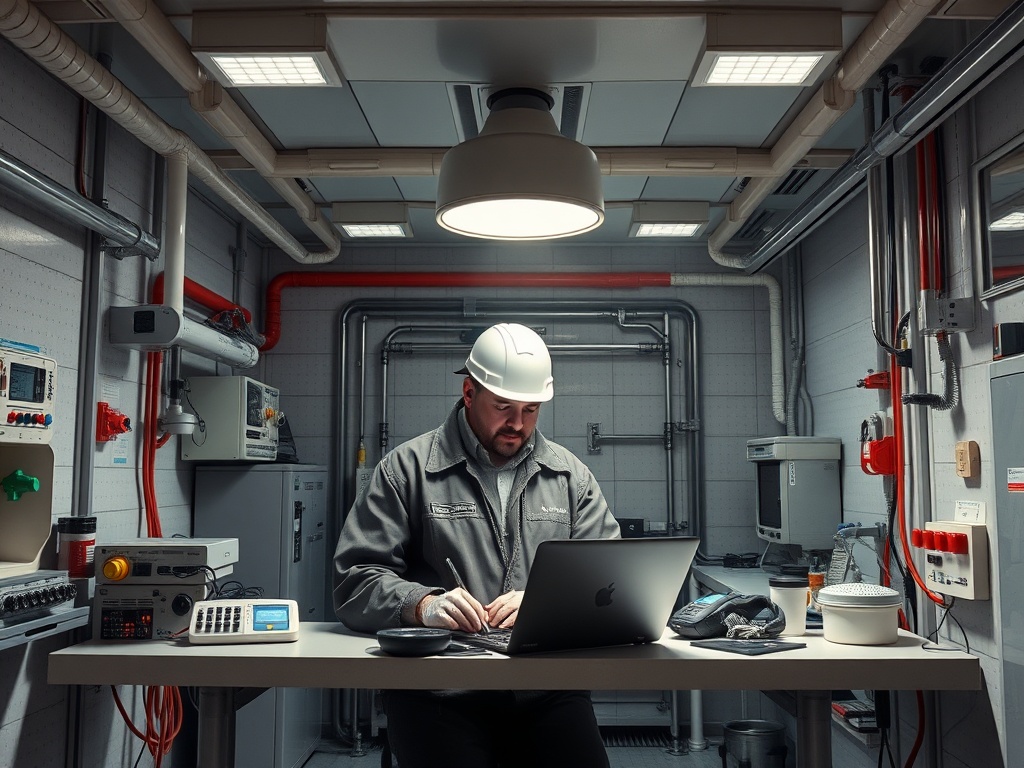 Мужчина в строительной каске работает за столом с ноутбуком в техническом помещении. Обстановка современных технологий.