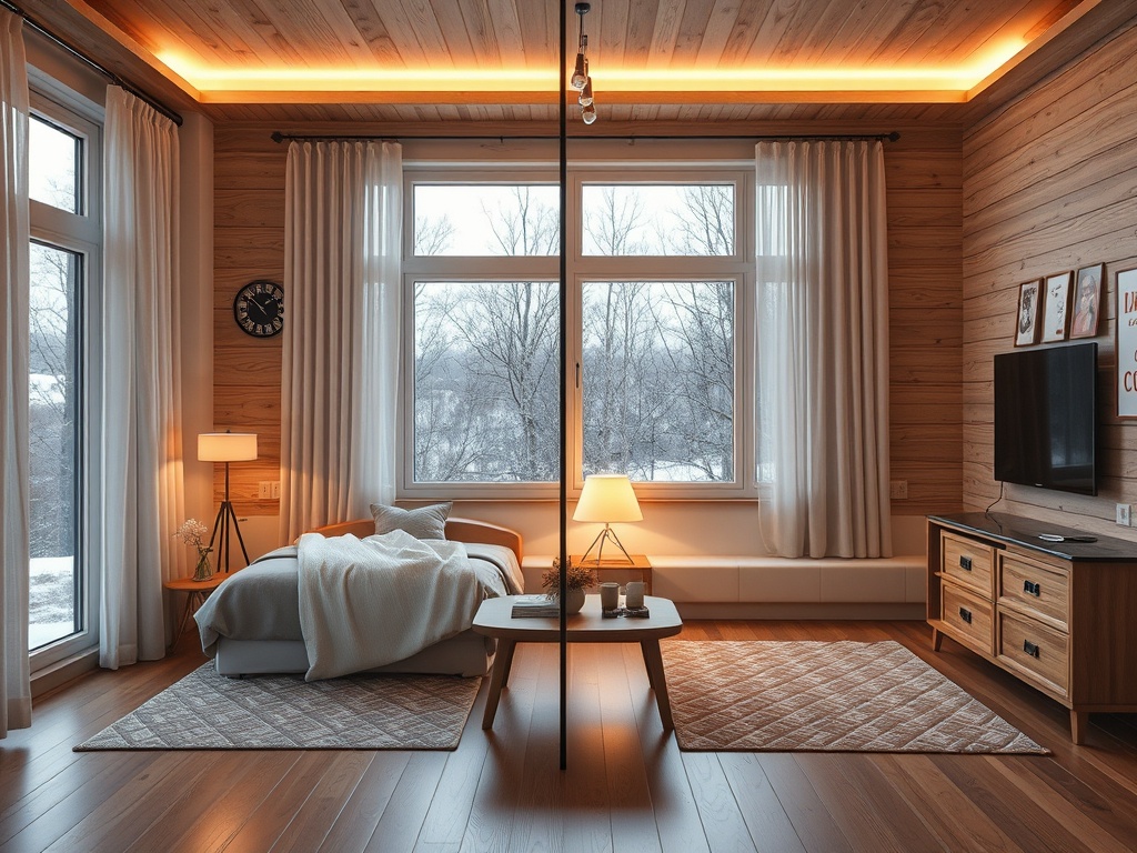 Современная комната с ярким освещением, уютной мебелью и большими окнами, выходящими на зимний пейзаж.