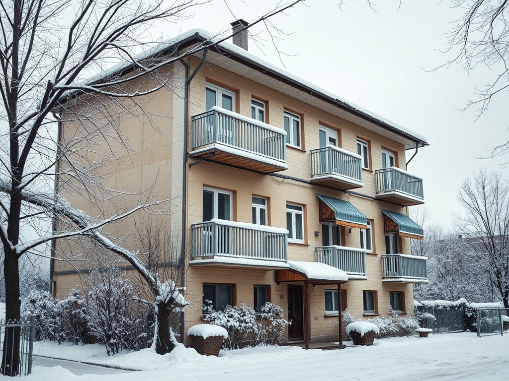 Здание с балконами, окруженное снежными деревьями, в зимнем пейзаже.