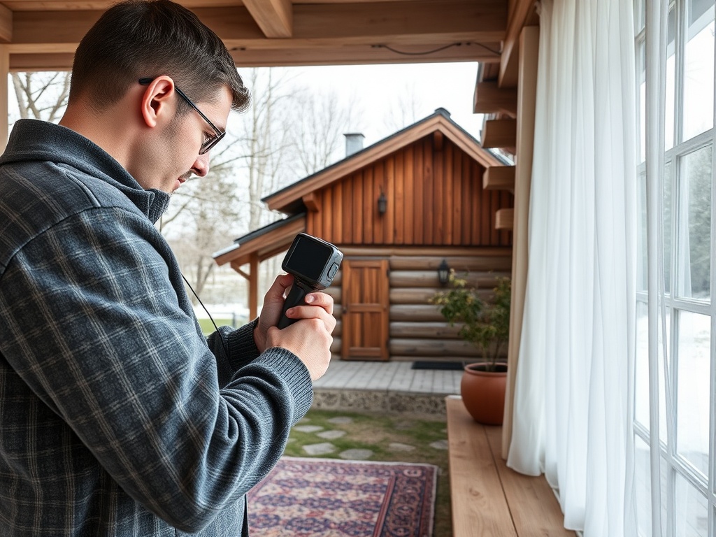 Мужчина с камерой стоит у окна деревянного дома, за ним виден двор и сад. Внутри уютная обстановка.