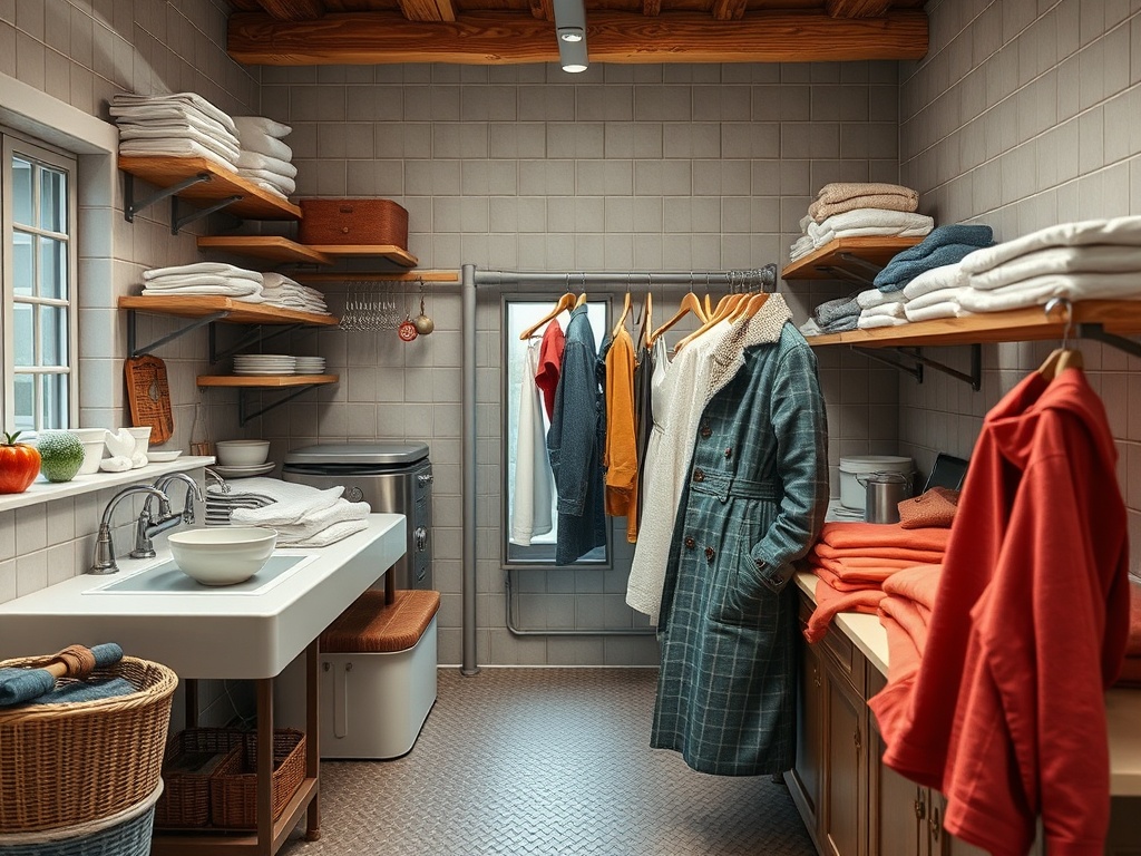 Уютное пространство с корзинами, полотенцами и одеждой на вешалках в светлом помещении.