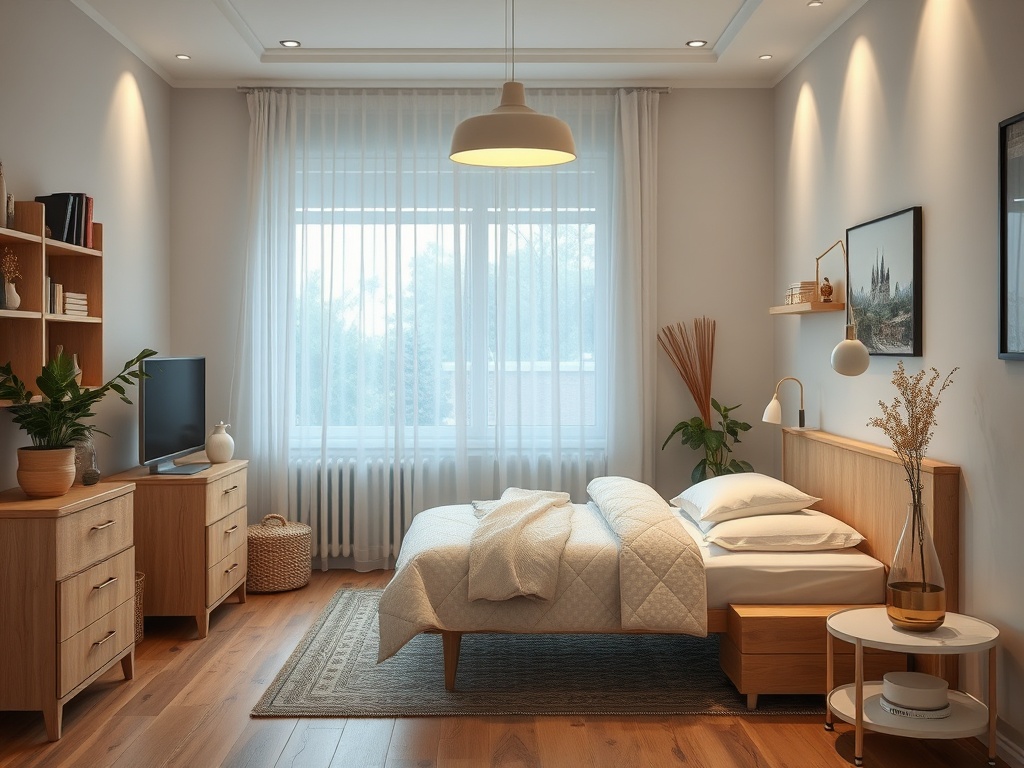 Современная спальня с минималистичной мебелью, большой окном и светлыми тонами, создающими уютную атмосферу.