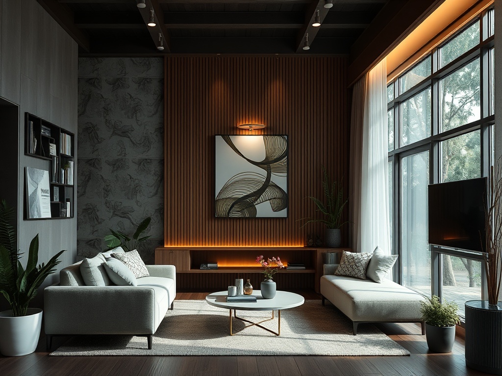 Современный гостиной: светлые диваны, стильный декор, большой телевизор и окна, пропускающие естественный свет.