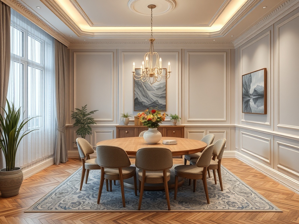 Современный обеденный зал с круглым столом, удобными стульями и элегантным освещением.