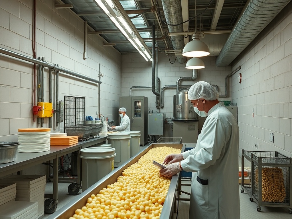 Рабочие в санитарной одежде работают с пищевыми продуктами на производственном оборудовании.