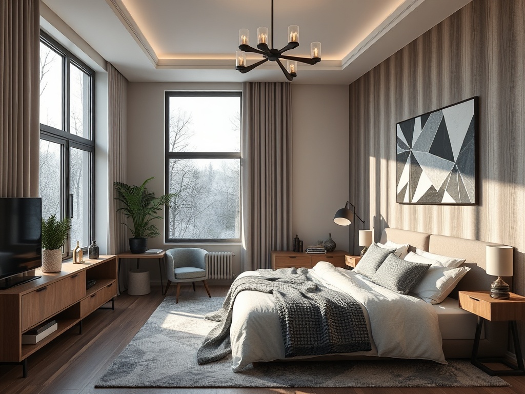Современная спальня с большими окнами, уютной мебелью и мягким освещением. Удачная комбинация стилей.