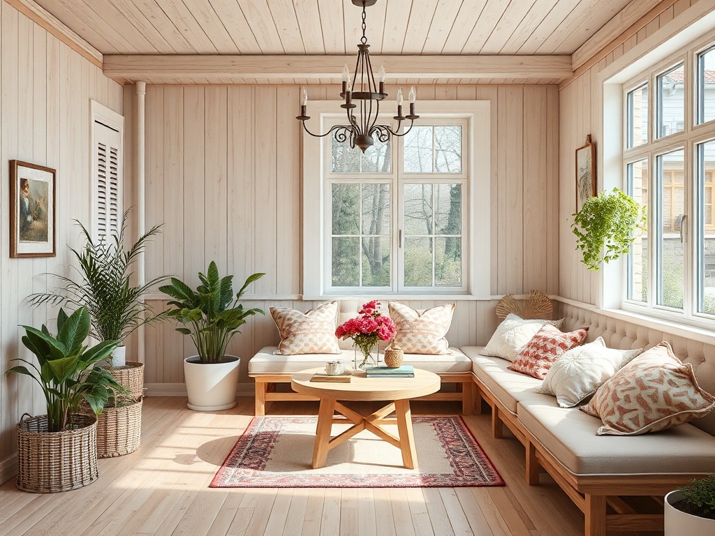 Светлая гостиная с мягкой мебелью, растениями и люстрой, создающая уютную атмосферу.